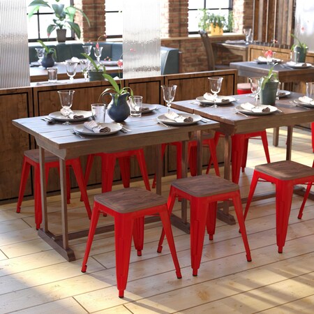Flash Furniture 4 " Red Metal Stool with Wood Seat, PK4 ET-BT3503-18-RED-WD-GG